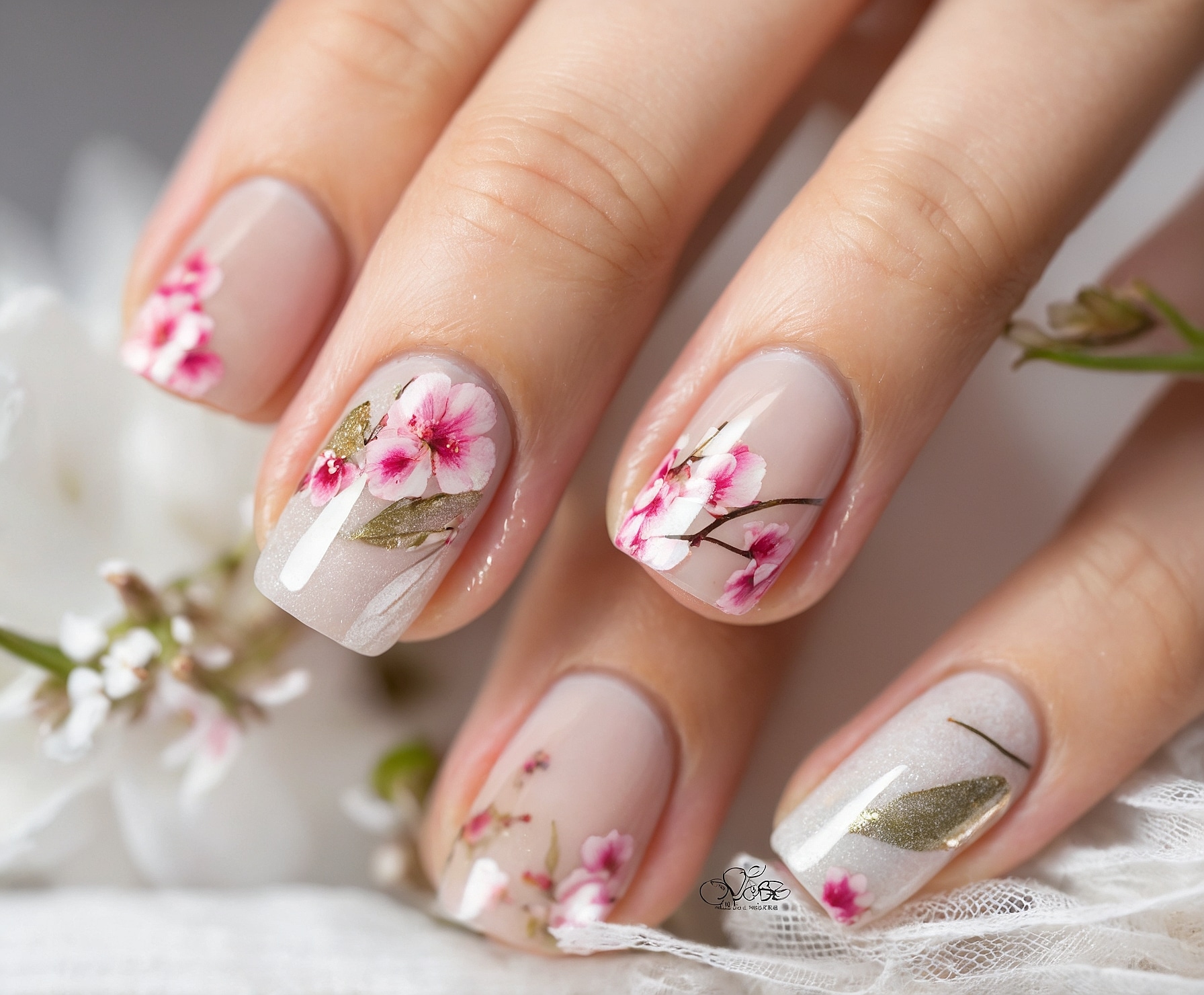 Manicura floral primaveral en uñas transformadas